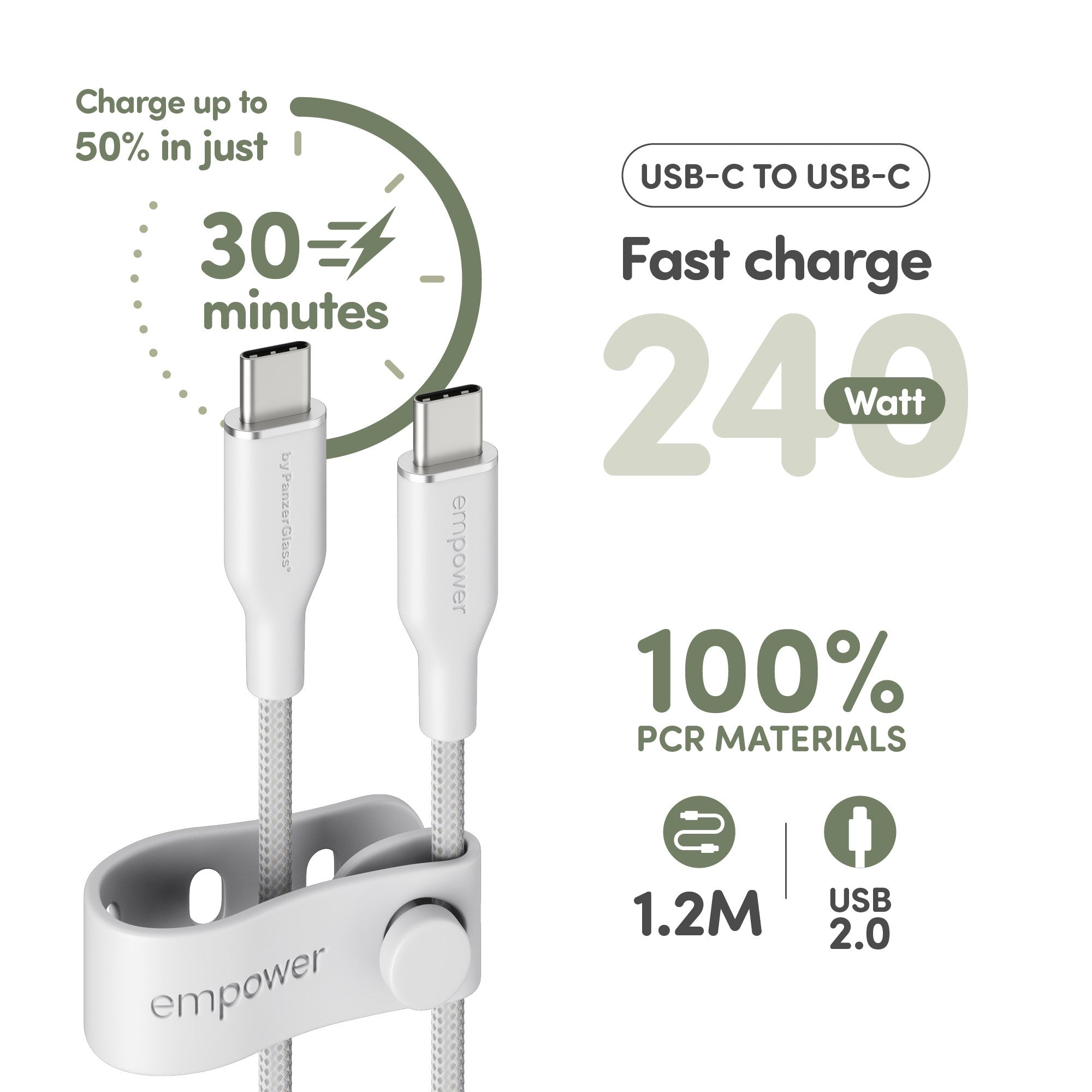 empower™ by PanzerGlass® Racing 240W USB-C to USB-C Kabel | USB 2.0 | 1.2M | Silver White
